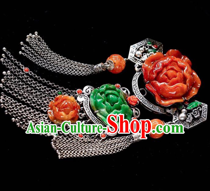 Chinese National Classical Jade Carving Peony Accessories Handmade Silver Tassel Necklet Pendant