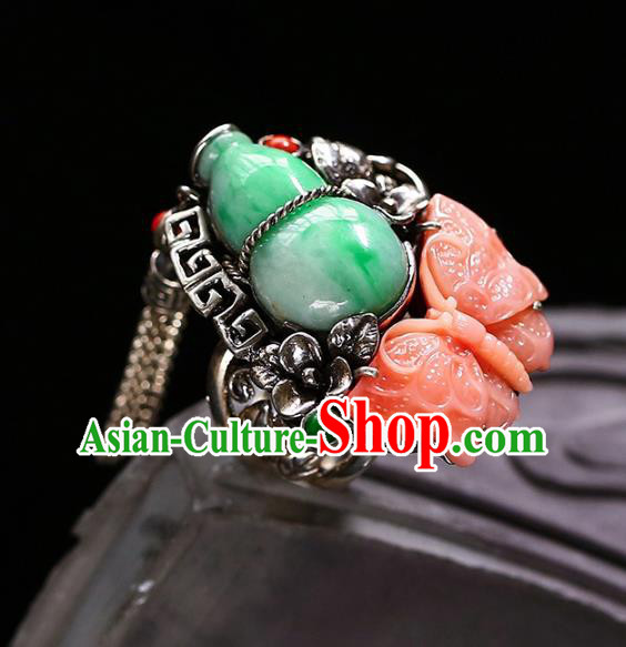 Chinese Traditional Handmade Jade Accessories Agate Butterfly Ring National Silver Circlet Jewelry