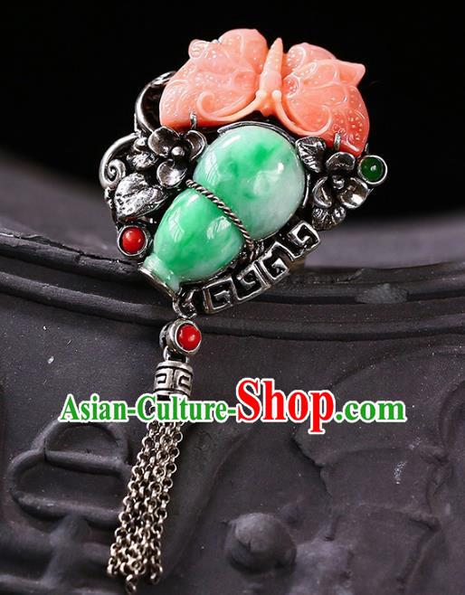 Chinese Traditional Handmade Jade Accessories Agate Butterfly Ring National Silver Circlet Jewelry