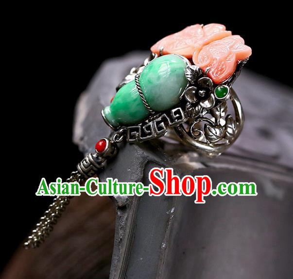 Chinese Traditional Handmade Jade Accessories Agate Butterfly Ring National Silver Circlet Jewelry