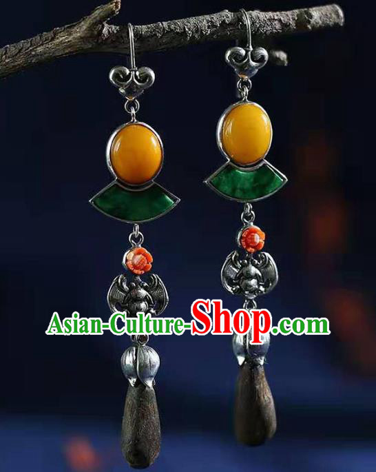 Handmade China Silver Bat Eardrop Jewelry Traditional Cheongsam Jade Accessories National Eaglewood Earrings