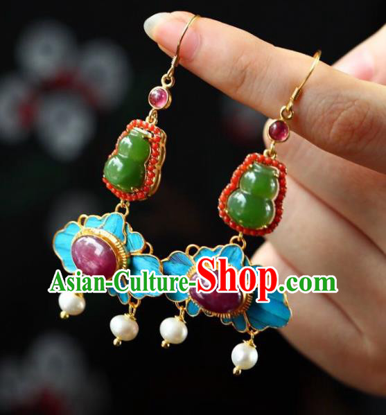 Handmade China Qing Dynasty Ruby Eardrop Jewelry Traditional Cheongsam Accessories National Jade Gourd Earrings