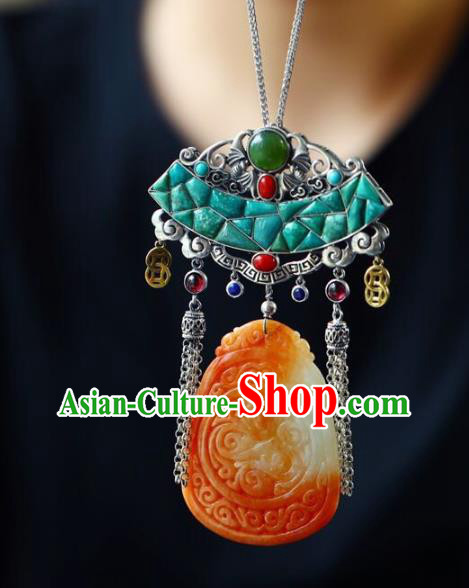 Chinese Classical Kallaite Silver Necklet Pendant Handmade Accessories National Jade Carving Necklace