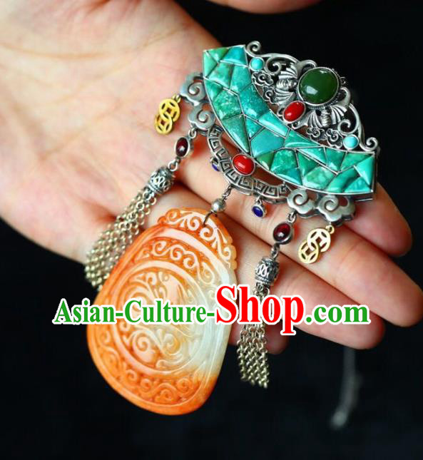 Chinese Classical Kallaite Silver Necklet Pendant Handmade Accessories National Jade Carving Necklace