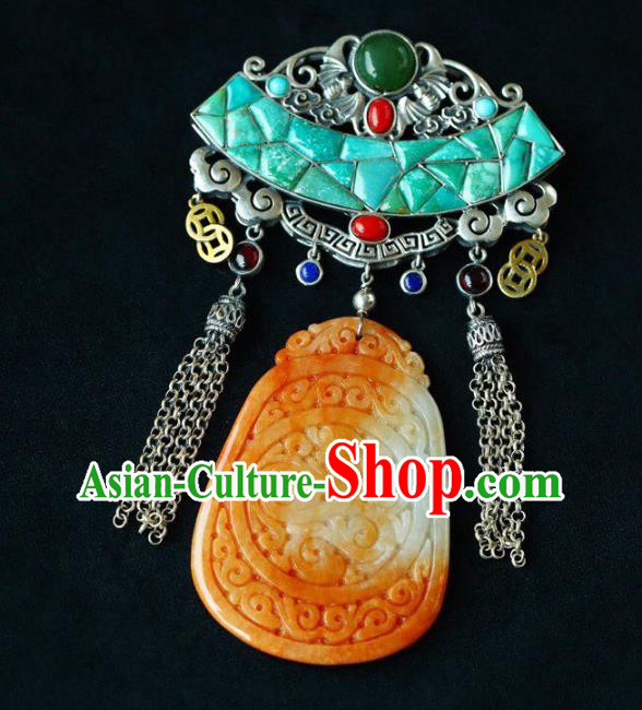 Chinese Classical Kallaite Silver Necklet Pendant Handmade Accessories National Jade Carving Necklace
