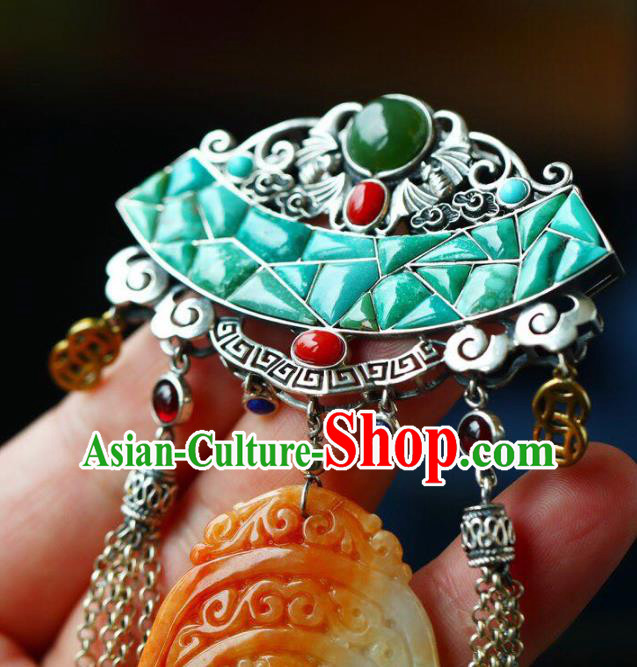 Chinese Classical Kallaite Silver Necklet Pendant Handmade Accessories National Jade Carving Necklace