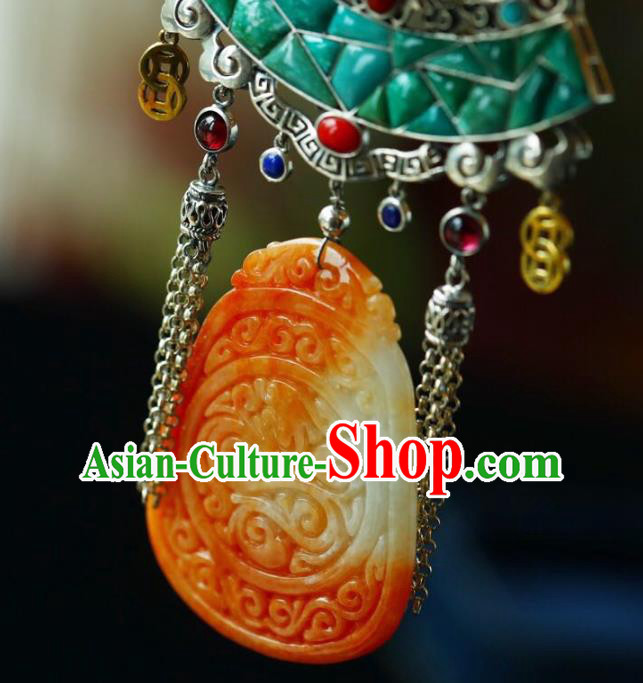 Chinese Classical Kallaite Silver Necklet Pendant Handmade Accessories National Jade Carving Necklace