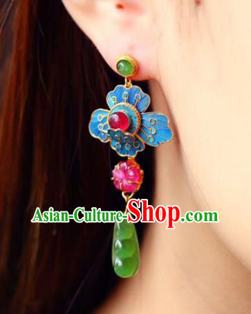 Handmade China Jade Peasecod Eardrop Jewelry Traditional Qing Dynasty Accessories National Cheongsam Blueing Earrings