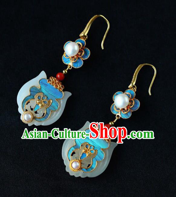 Handmade China Eardrop Jewelry Traditional Pearls Accessories National Cheongsam White Jade Earrings