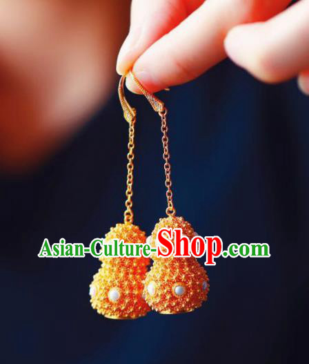 Handmade China Pearls Eardrop Jewelry Traditional Accessories National Cheongsam Golden Gourd Earrings