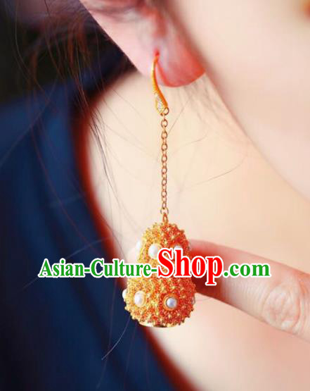 Handmade China Pearls Eardrop Jewelry Traditional Accessories National Cheongsam Golden Gourd Earrings