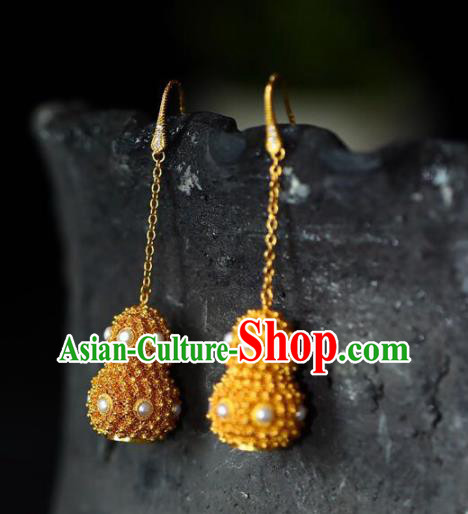 Handmade China Pearls Eardrop Jewelry Traditional Accessories National Cheongsam Golden Gourd Earrings