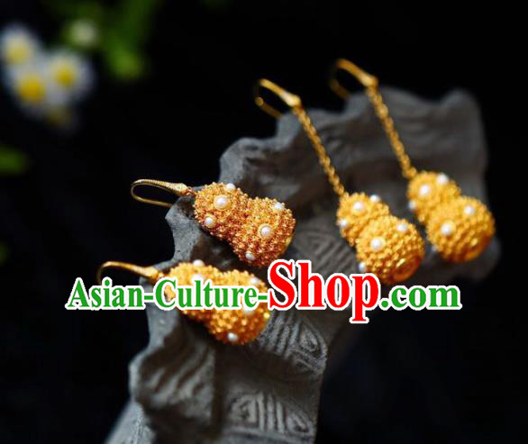 Handmade China Pearls Eardrop Jewelry Traditional Accessories National Cheongsam Golden Gourd Earrings