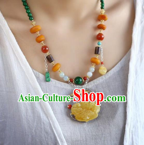 Chinese Classical Beeswax Carving Necklet Pendant Handmade Accessories National Jade Beads Necklace