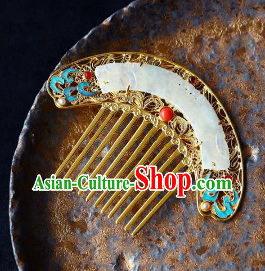 Chinese Handmade Qing Dynasty Court Jade Accessories Traditional Ancient Empress Golden Hair Comb Jewelry