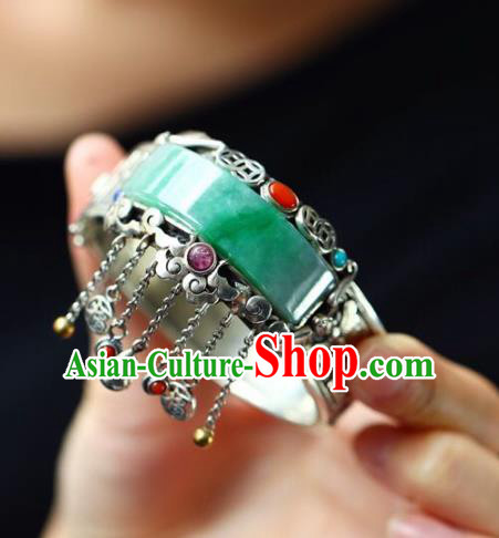 China National Silver Carving Bangle Traditional Court Jewelry Accessories Handmade Gourd Tassel Jadeite Bracelet