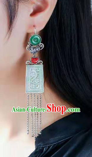 Handmade China Cheongsam Carving Dragon Eardrop National Jade Earrings Traditional Silver Tassel Jewelry Accessories