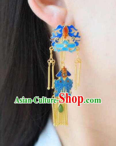 Handmade China Blueing Bat Eardrop Jewelry Traditional Accessories National Cheongsam Golden Tassel Earrings