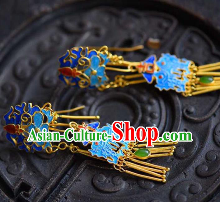 Handmade China Blueing Bat Eardrop Jewelry Traditional Accessories National Cheongsam Golden Tassel Earrings