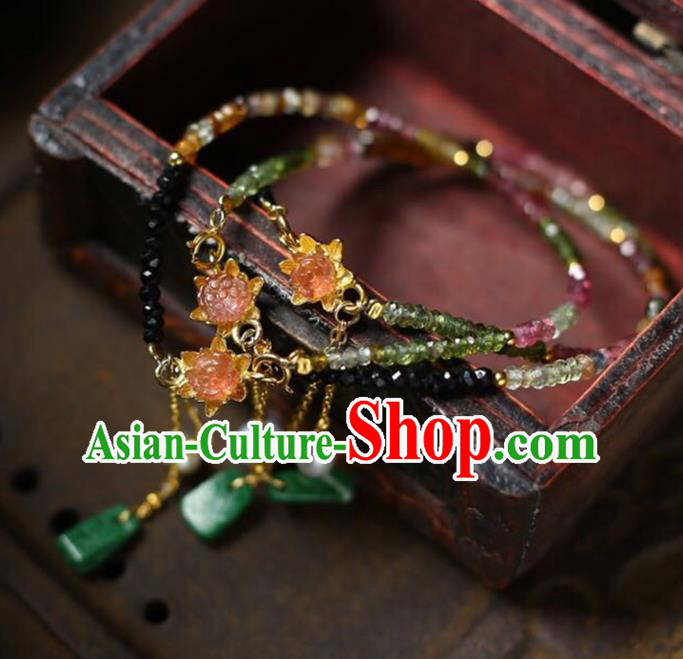 China National Tourmaline Lotus Bangle Traditional Jewelry Accessories Handmade Jadeite Tassel Bracelet