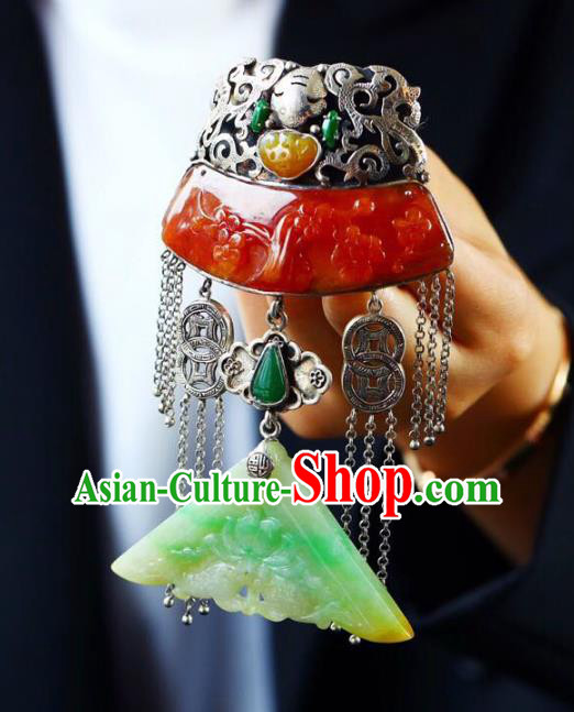 Chinese Classical Red Jade Carving Necklet Pendant Handmade Accessories National Silver Necklace
