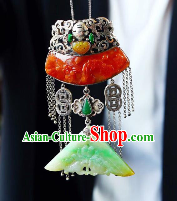 Chinese Classical Red Jade Carving Necklet Pendant Handmade Accessories National Silver Necklace
