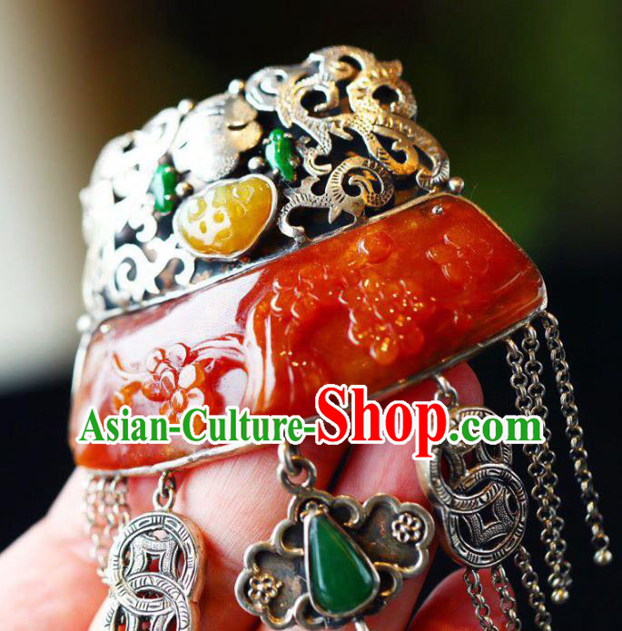 Chinese Classical Red Jade Carving Necklet Pendant Handmade Accessories National Silver Necklace