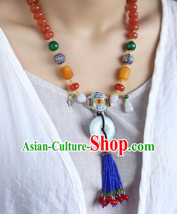 Chinese Classical Agate Necklet Pendant Handmade Jade Accessories National Blue Beads Tassel Necklace