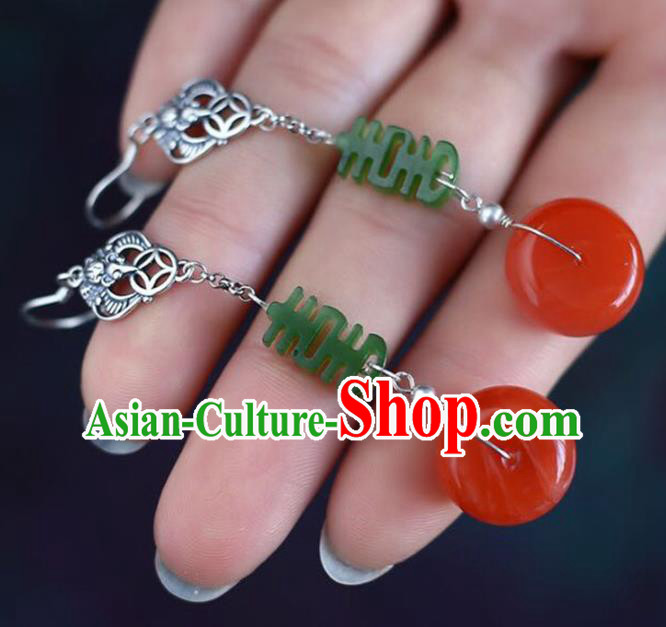 Handmade China Wedding Agate Eardrop Jewelry Traditional Accessories National Cheongsam Silver Bat Earrings
