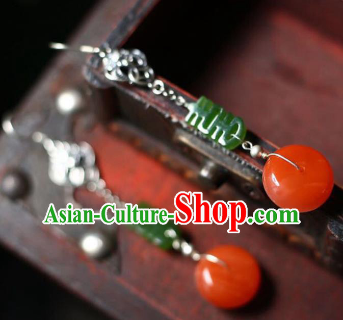 Handmade China Wedding Agate Eardrop Jewelry Traditional Accessories National Cheongsam Silver Bat Earrings