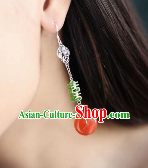 Handmade China Wedding Agate Eardrop Jewelry Traditional Accessories National Cheongsam Silver Bat Earrings