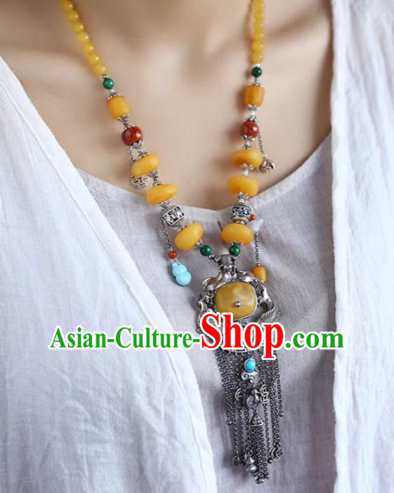 Chinese Classical Silver Carving Fish Necklet Pendant Handmade Beeswax Accessories National Tassel Necklace