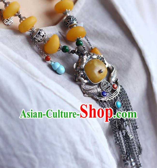 Chinese Classical Silver Carving Fish Necklet Pendant Handmade Beeswax Accessories National Tassel Necklace