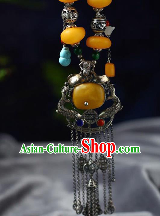 Chinese Classical Silver Carving Fish Necklet Pendant Handmade Beeswax Accessories National Tassel Necklace