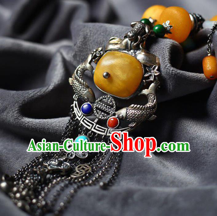 Chinese Classical Silver Carving Fish Necklet Pendant Handmade Beeswax Accessories National Tassel Necklace