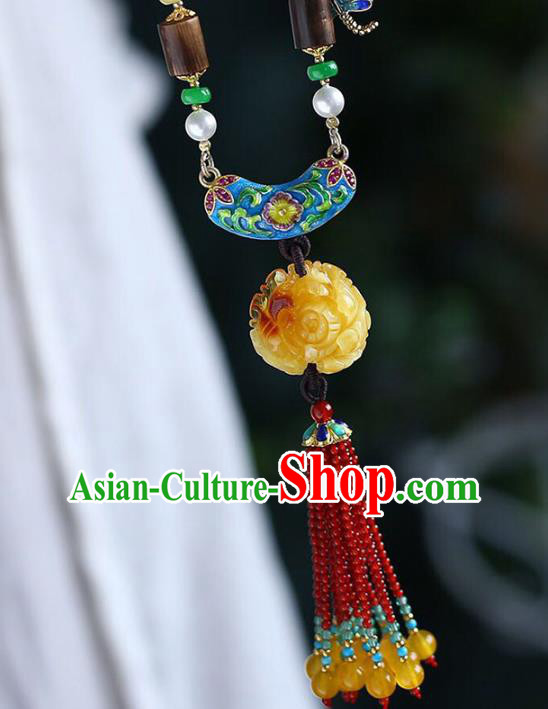Chinese Classical Cloisonne Necklet Pendant Handmade Beeswax Accessories National Garnet Beads Tassel Necklace