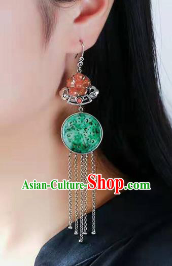 Handmade China Cheongsam Agate Plum Eardrop Traditional Silver Tassel Jewelry Accessories National Jade Earrings