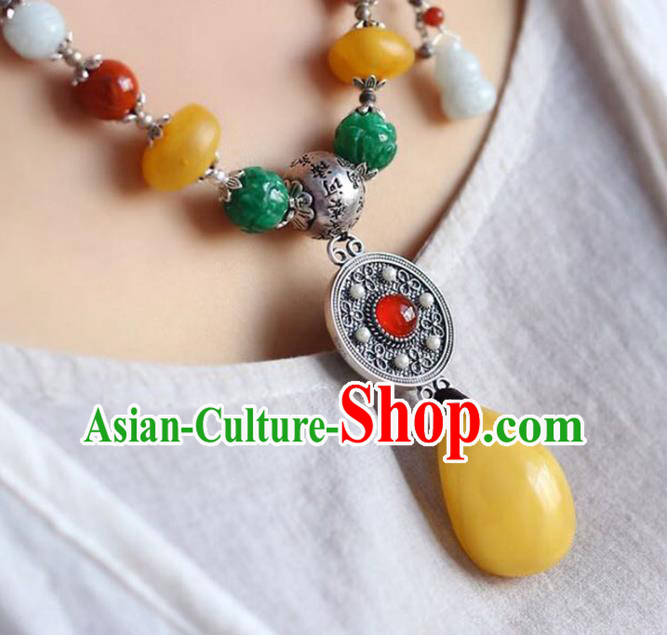 Chinese Classical Beeswax Necklet Pendant Handmade Silver Accessories National Jadeite Beads Necklace