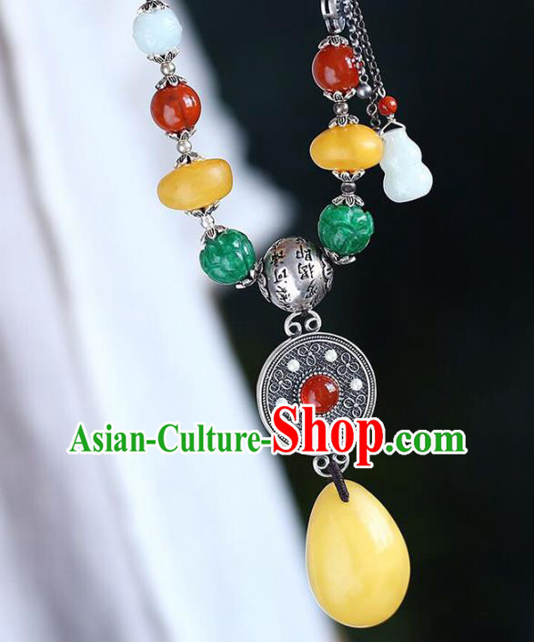 Chinese Classical Beeswax Necklet Pendant Handmade Silver Accessories National Jadeite Beads Necklace