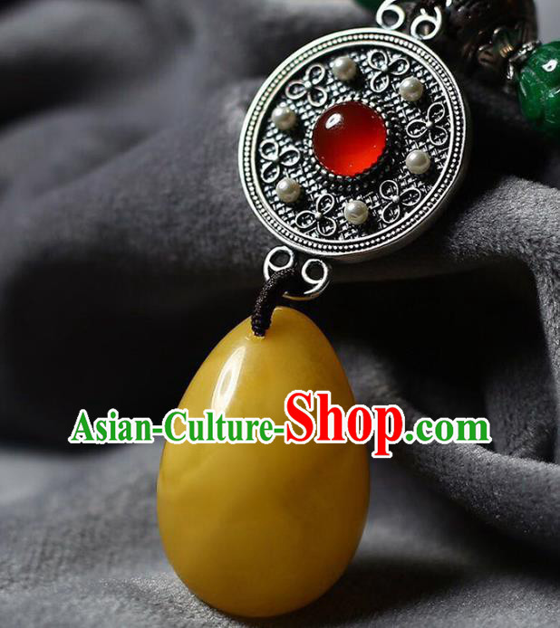 Chinese Classical Beeswax Necklet Pendant Handmade Silver Accessories National Jadeite Beads Necklace