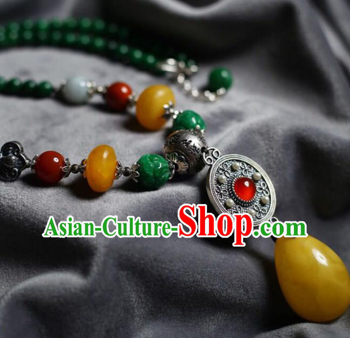 Chinese Classical Beeswax Necklet Pendant Handmade Silver Accessories National Jadeite Beads Necklace