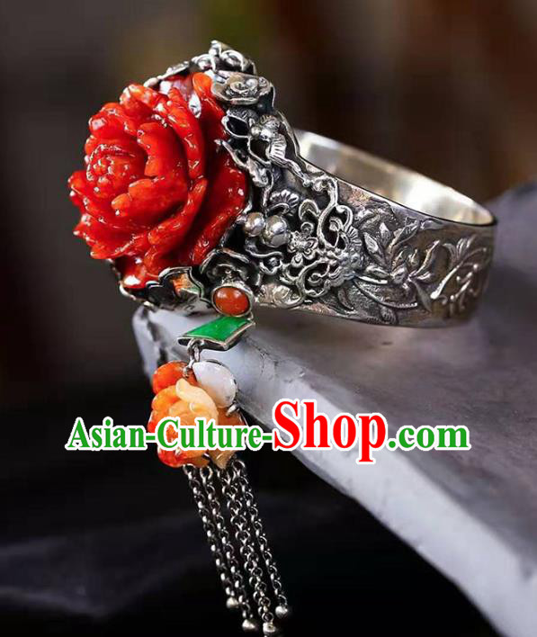 China Handmade Retro Silver Carving Bracelet Traditional Jewelry Accessories National Agate Peony Bangle