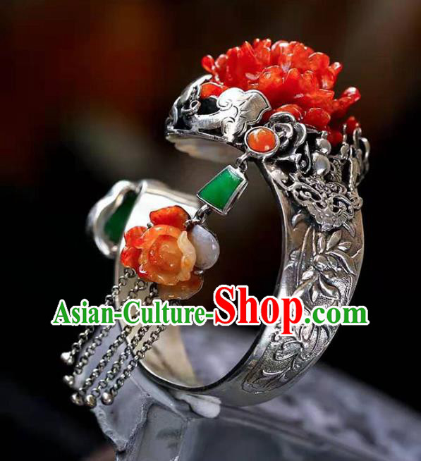 China Handmade Retro Silver Carving Bracelet Traditional Jewelry Accessories National Agate Peony Bangle