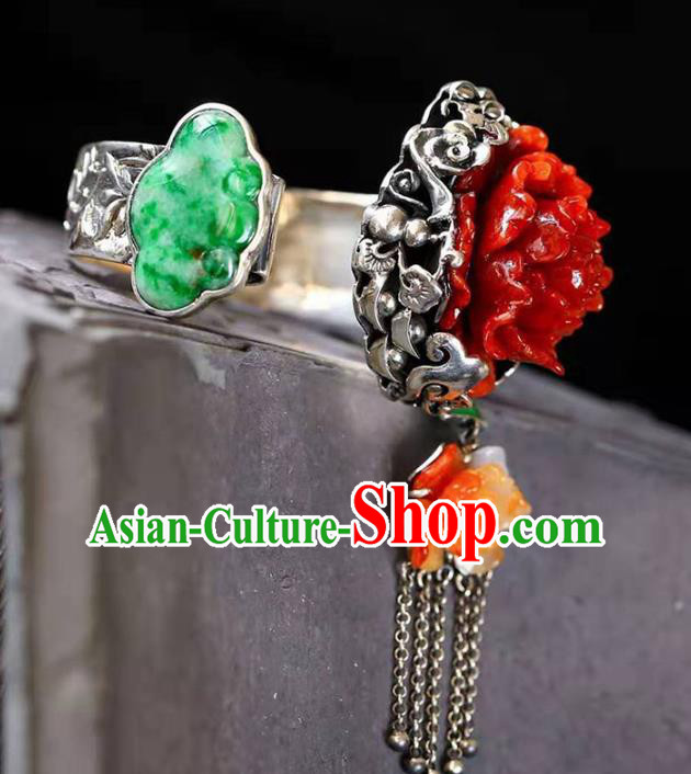 China Handmade Retro Silver Carving Bracelet Traditional Jewelry Accessories National Agate Peony Bangle