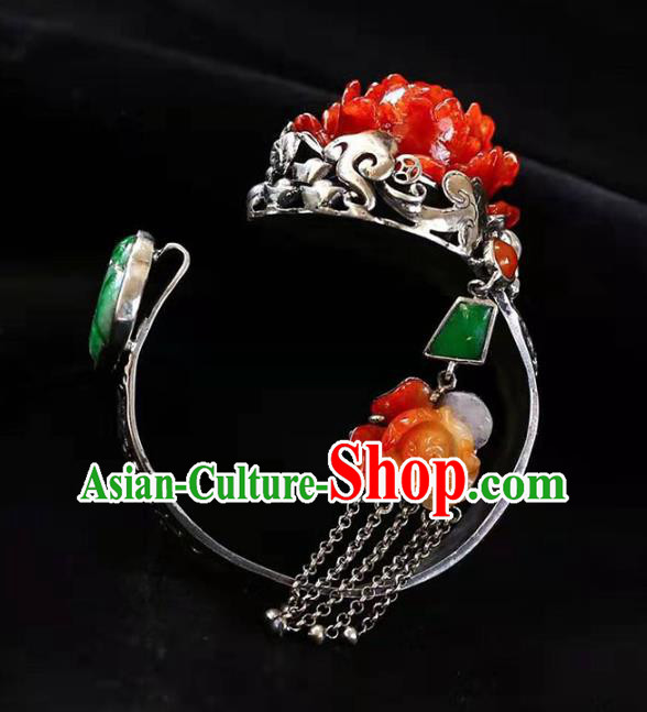 China Handmade Retro Silver Carving Bracelet Traditional Jewelry Accessories National Agate Peony Bangle