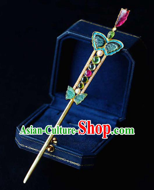 Chinese Handmade Qing Dynasty Court Tourmaline Butterfly Hair Accessories Traditional Ancient Empress Hairpin Gems Jewelry
