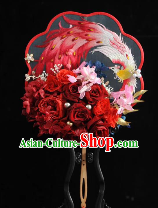 China Embroidered Phoenix Palace Fan Traditional Silk Fan Handmade Red Rose Wedding Fan
