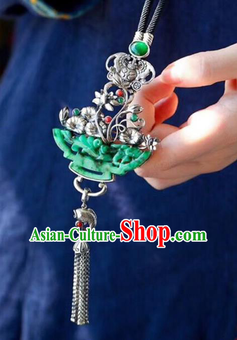 Chinese Classical Jadeite Carving Necklet Pendant Handmade Accessories National Silver Lotus Tassel Necklace