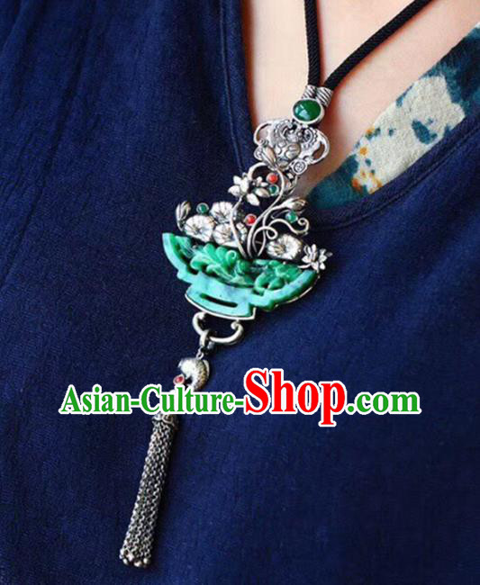 Chinese Classical Jadeite Carving Necklet Pendant Handmade Accessories National Silver Lotus Tassel Necklace