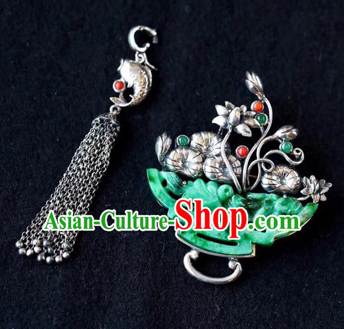 Chinese Classical Jadeite Carving Necklet Pendant Handmade Accessories National Silver Lotus Tassel Necklace